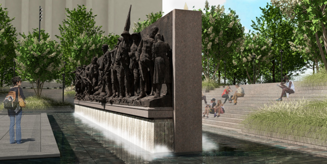 Rendering of relief sculpture of soldiers within water fountain and urban park