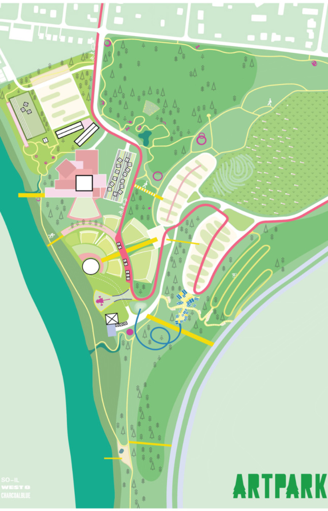 A long park site map that shows a number of trails and circulation paths