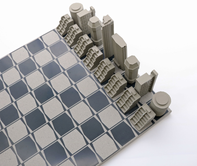 Photo of chess set shaped like brutalist buildings in London