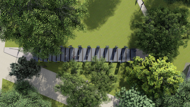 Rendering looking down on an outdoor path lined with 21 steel columns