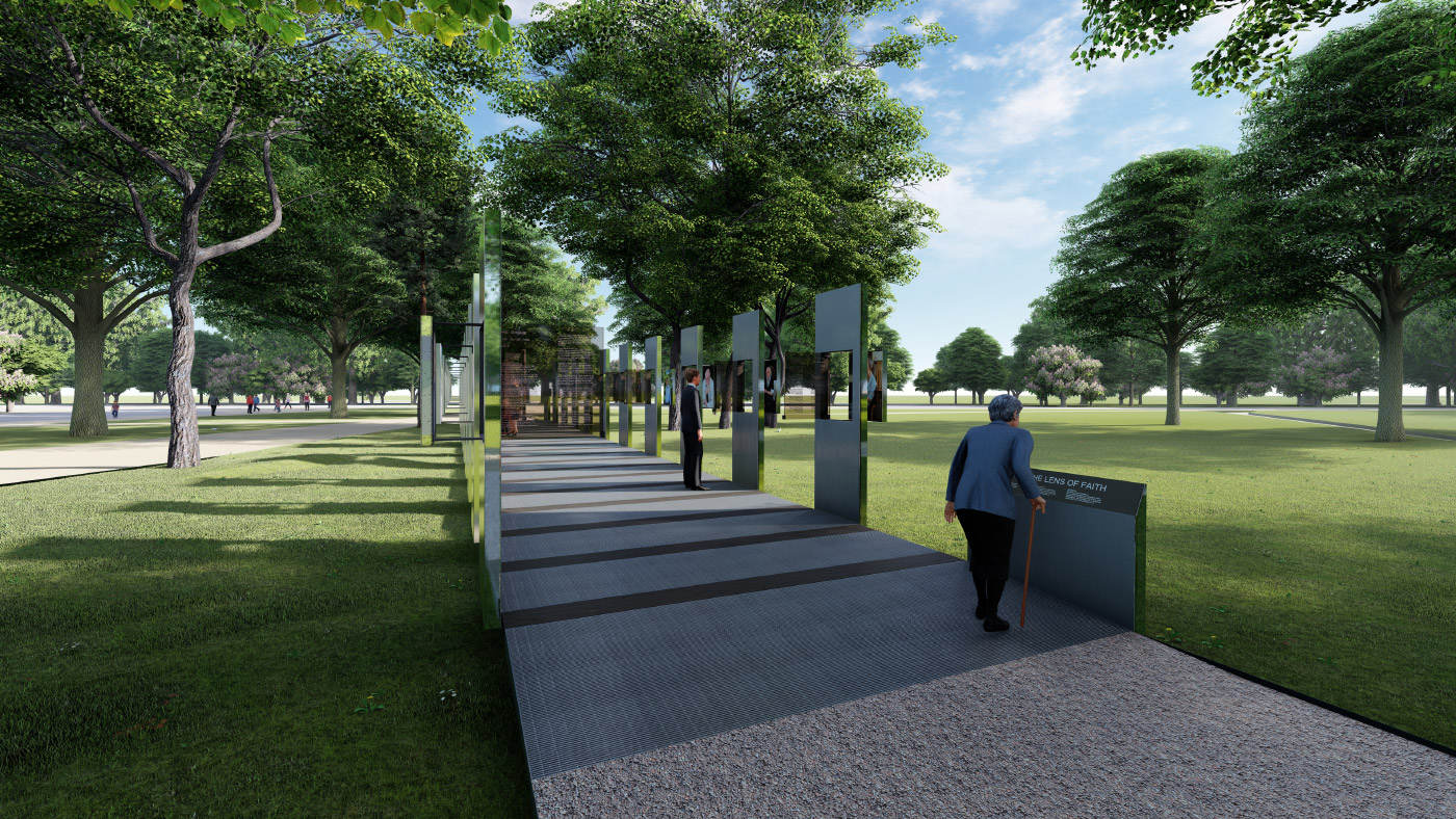 Rendering of outdoor path adorned with steel posts