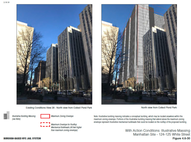 A side-by-side image of a tower, and then a rendering of a square, 45-story building