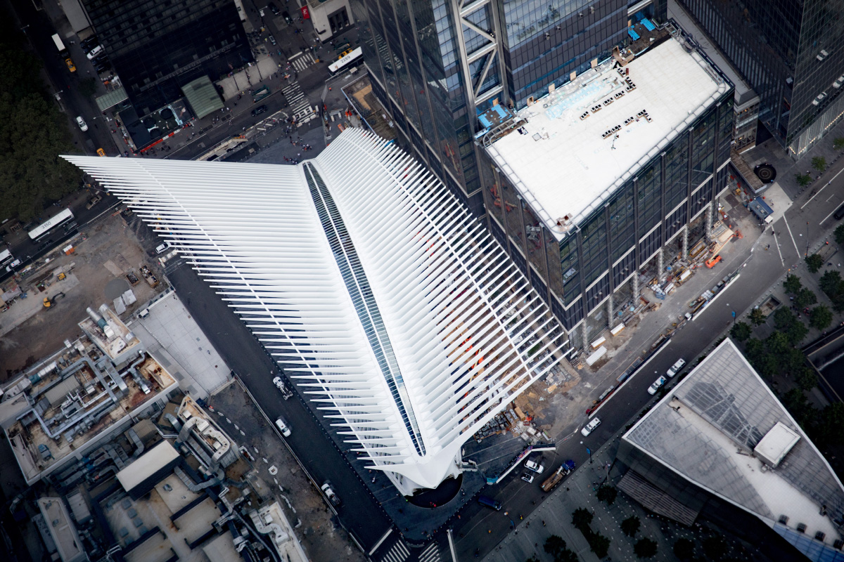 Aerial photo of the Oculus transit hub in Lower Manhattan