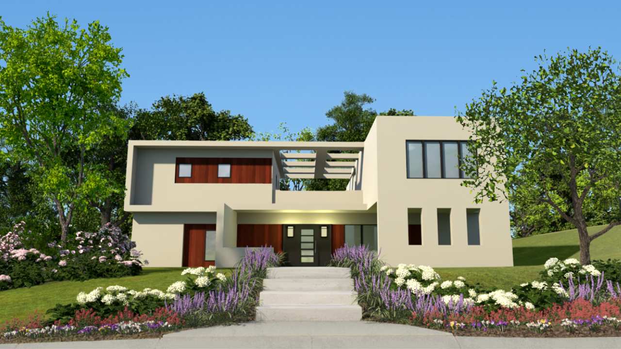 3D rendering of a two-story, flat-roofed home.