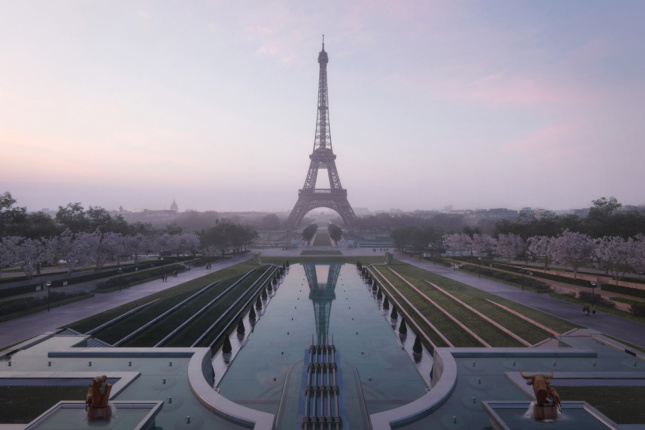 Rendering of a long reflecting pool with the Eiffel Tower in front of it