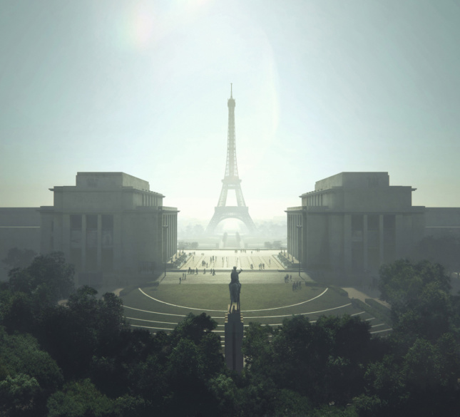 Rendering looking towards the Eiffel Tower on a hazy day