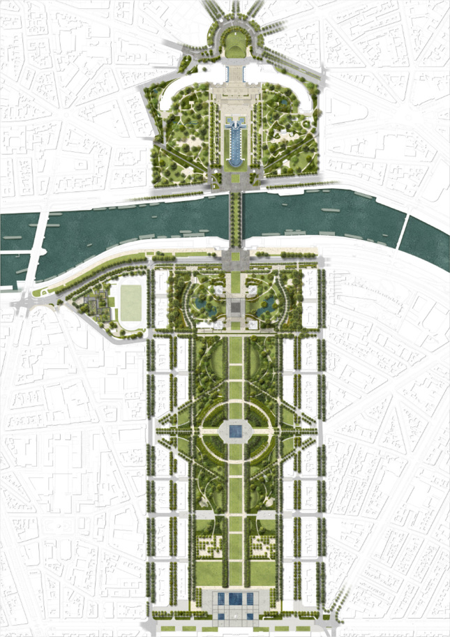 Site plan depicting a greenway running one mile from the Eiffel Tower in either direction