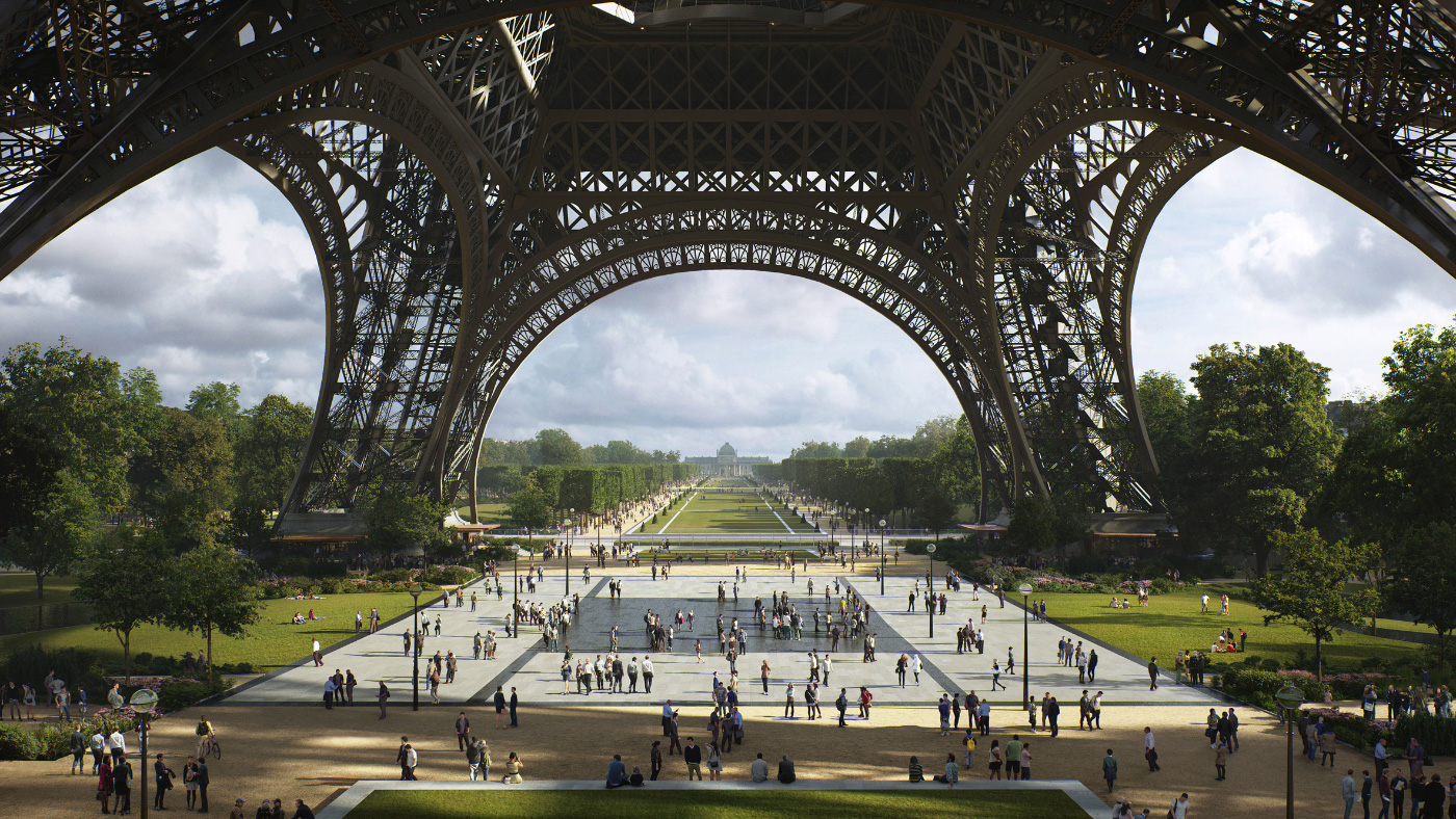 Rendering of a public plaza below the Eiffel Tower