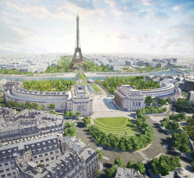 Rendering of a planted plaza running linearly through the Eiffel Tower