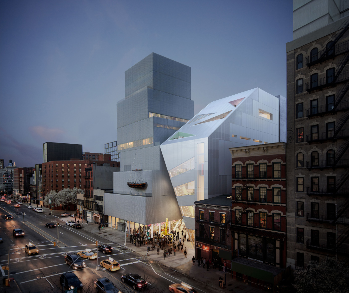 Rendering of a triangular, glossy building leaning on the New Museum