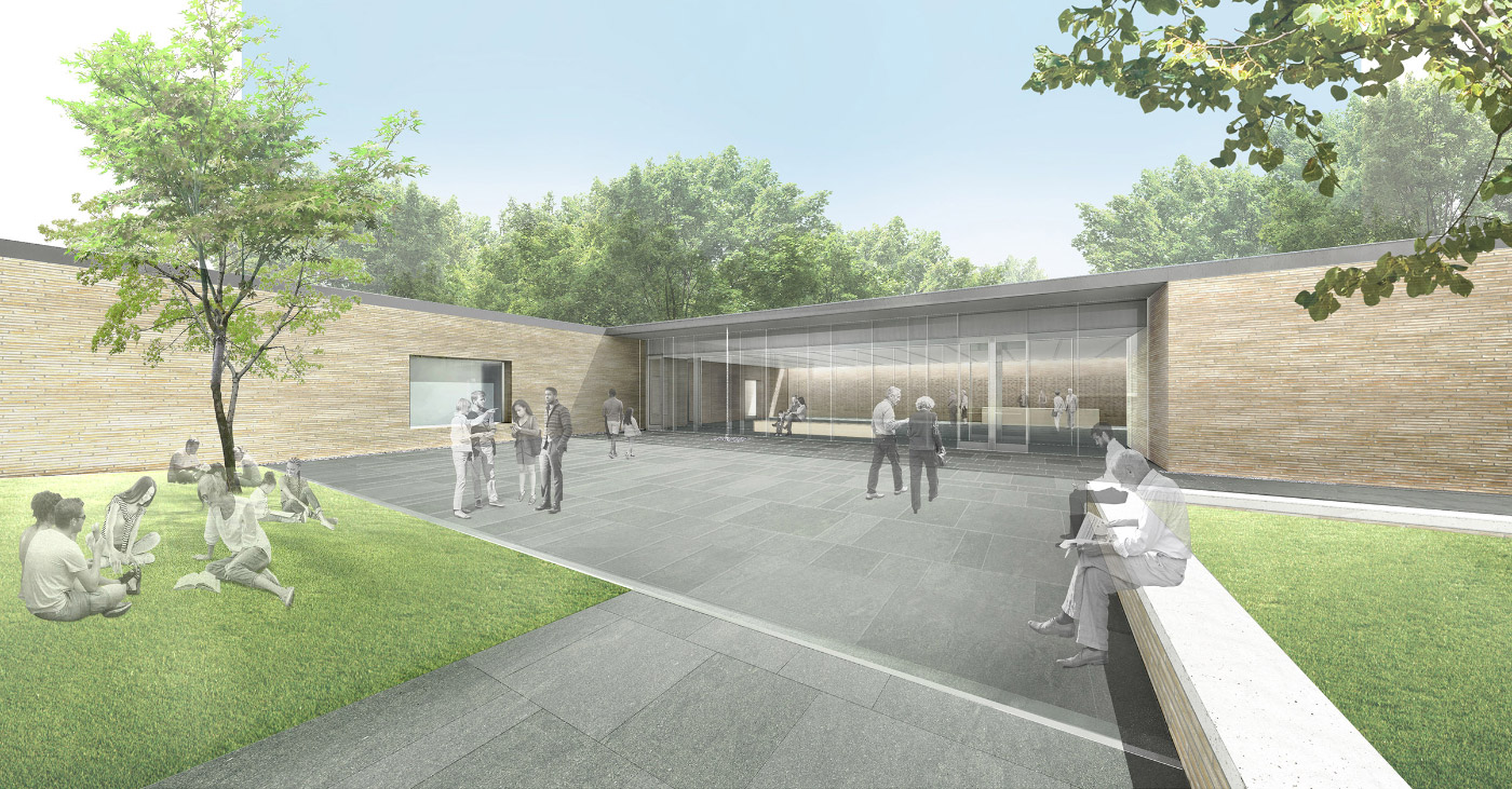 Rendering of a visitor center with a flat roof and brick walls