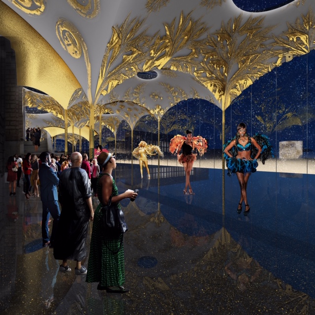 Rendering of an outdoor nighttime fashion show