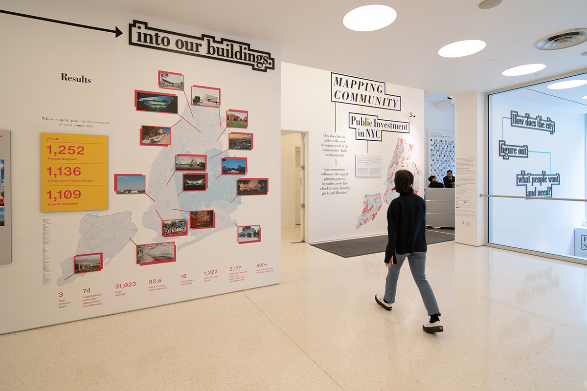 Image of woman walking in exhibition space, with a chart depicting how public money flows into buildings
