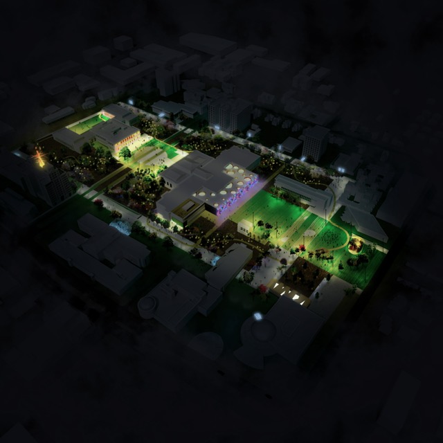 Night aerial rendering of Detroit's Midtown cultural center