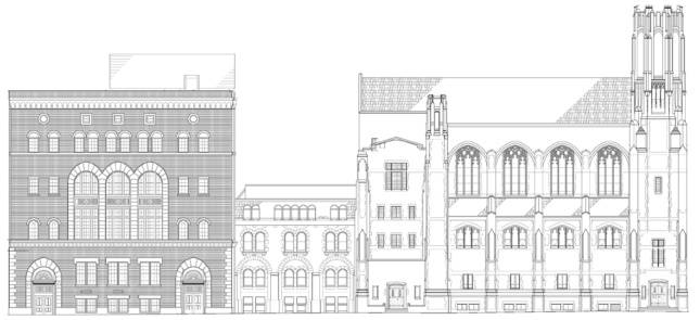 A black and white facade section diagram of three stone buildings