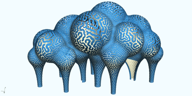 Animation of spheres supported on stalks with a wiggling lines growing across them