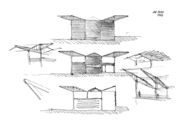 A black and white sketch of a winglike wood structure