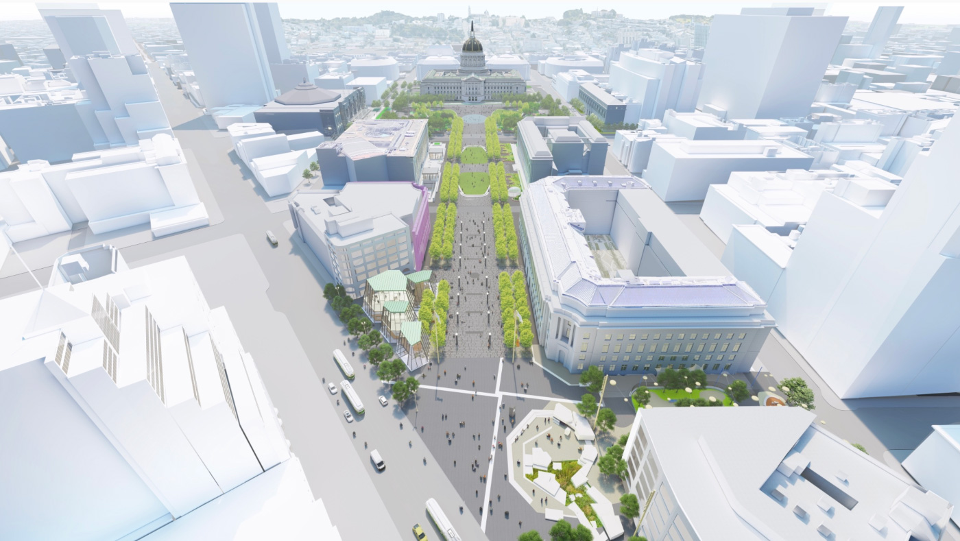 A rendering of a green strip leading to San Francisco's Civic Center