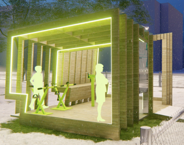 Rendering of a pavilion constructed from wooden frames, with embedded LED strips