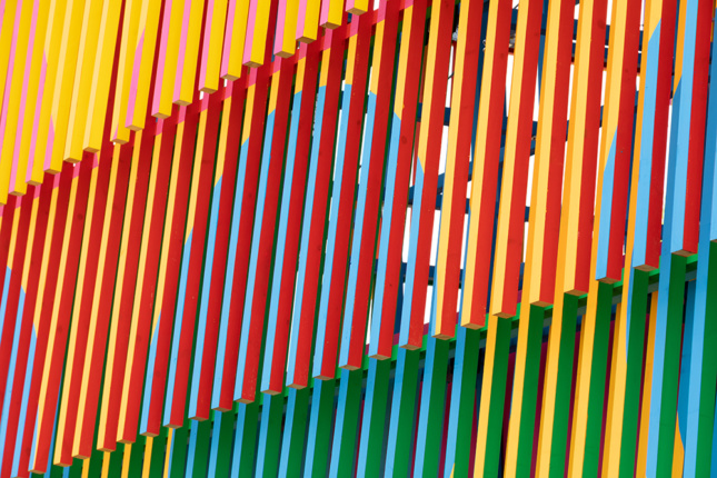 Detail photo of the colored louvers of the Colour Palace