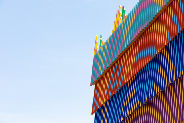 Detail photo of the colored louvers of the top of the Colour Palace