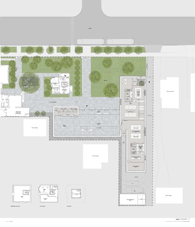A site plan depicting an entry visitors center and education area, which leads to a landscaped plaza and several older buildings