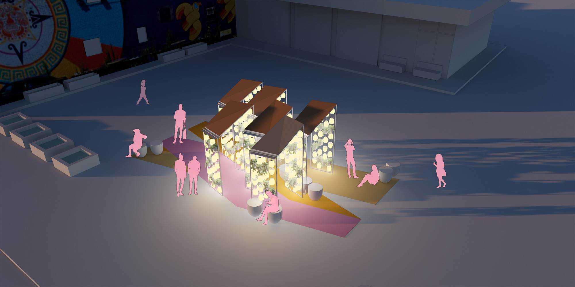 Rendering of abstracted pink people below a lit-up cluster of canopies, a winner of the Detroit City of Design Competition