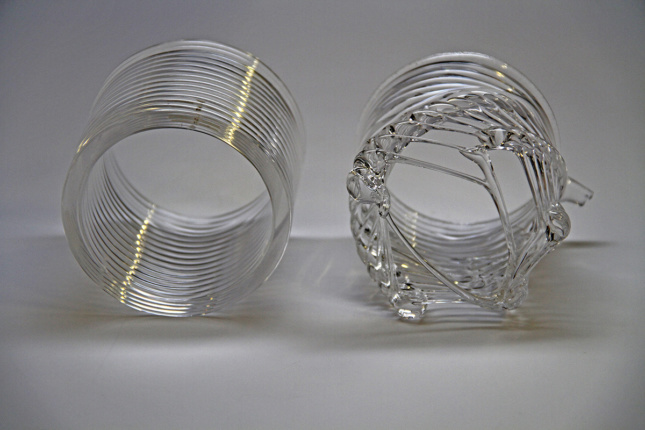 Photo of 3-D printed coils made of glass