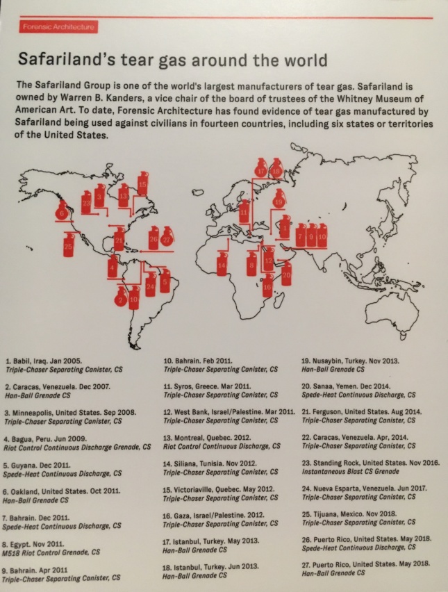 A list of the countries that Safariland supplies tear gas to around the world, as seen at the Whitney Biennial