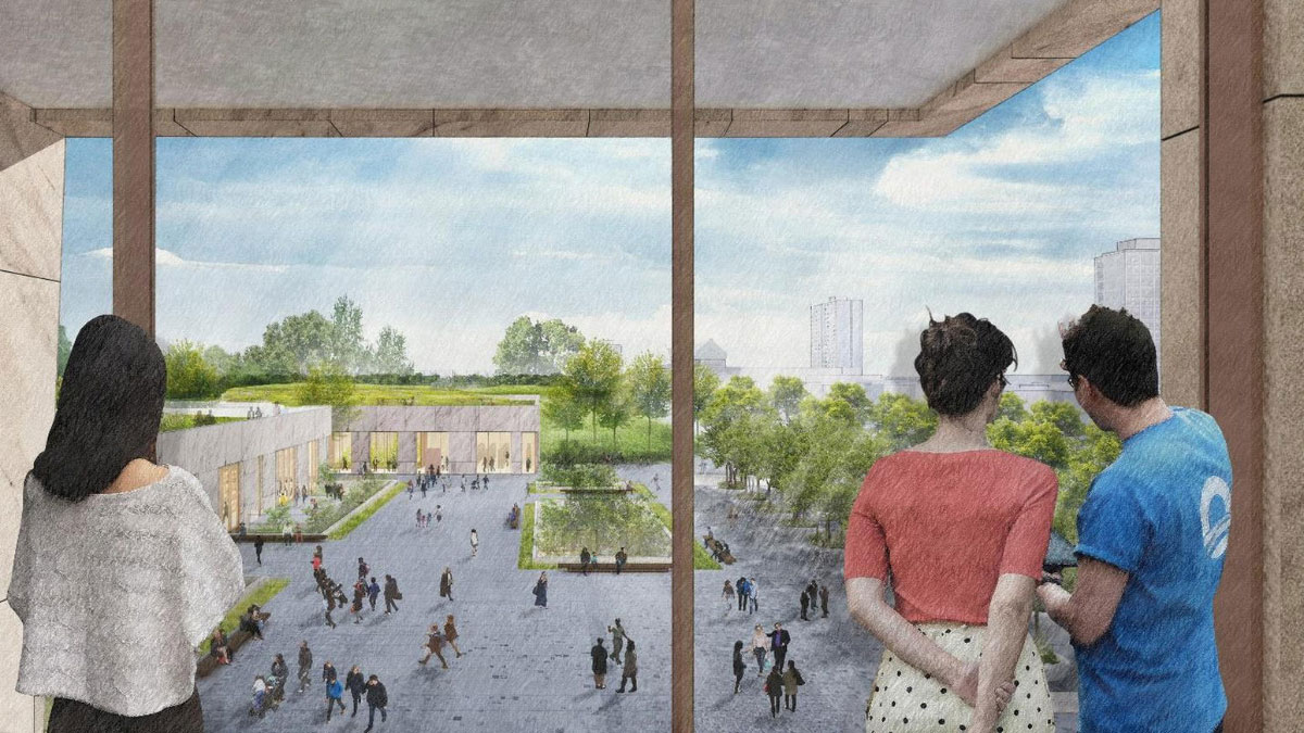 Rendering of a park from inside a squat tower on the Obama Presidential Center campus