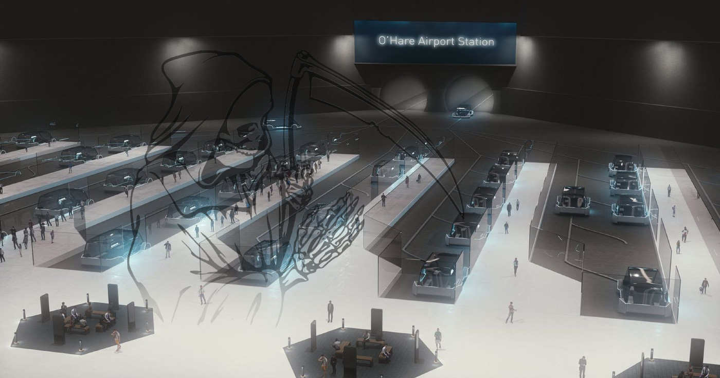 Rendering of a train station with the grim reaper superimposed on top, a hyperloop station