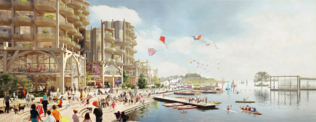 Rendering of timber towers along a waterfront, with kayakers and others enjoying the river