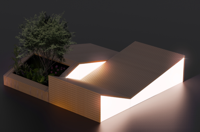 Rendering of a gabled timber pavilion in front of a V-shaped structure