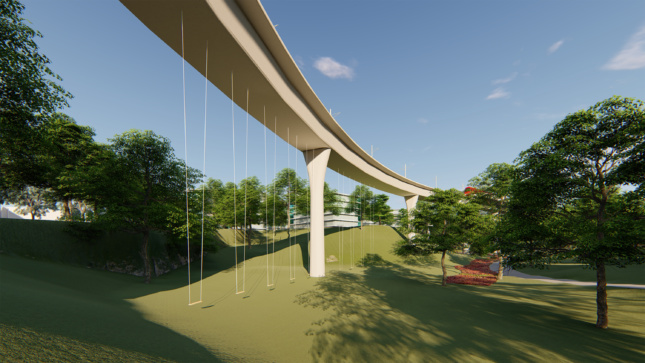 Rendering of light rail infrastructure with swings underneath