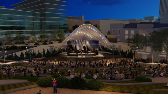 Night rendering of an outdoor amphitheater with crowd