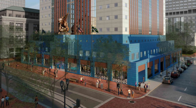 Rendering of the base of a newly-renovated Portland Building