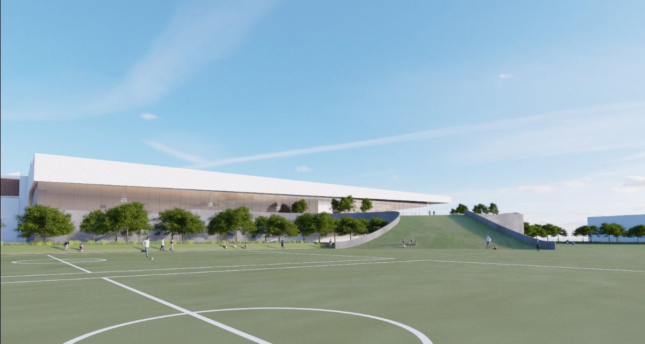 Rendering of soccer fields with sloped landscape in background