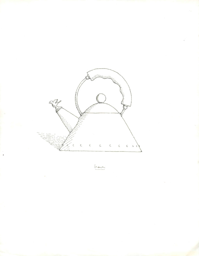 Black-and-white line drawing of a triangular teakettle 