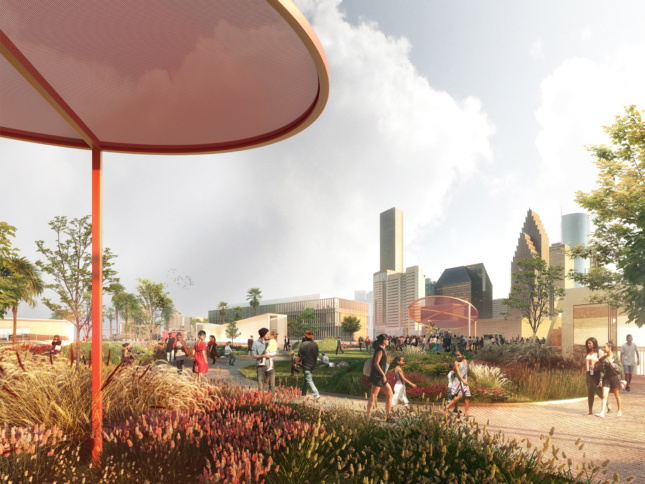 Rendering of a green roof with the Houston skyline
