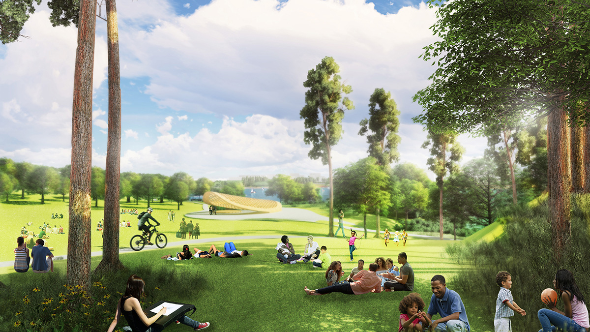 Rendering of parkland lawn with yellow performance hall structure