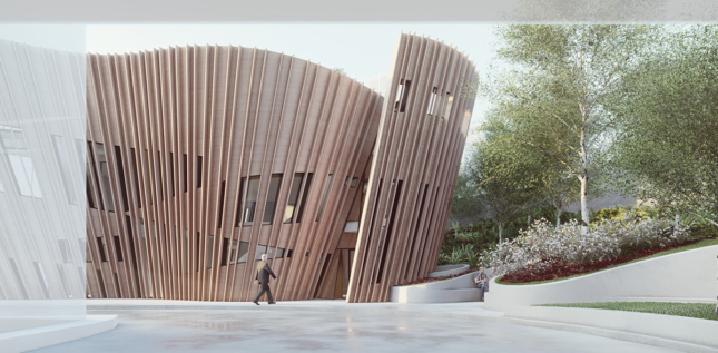 Rendering of undulating small building with timber-slat exterior and cutout with entrance