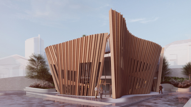 Rendering of undulating small Maggie's Centre with timber-slat exterior and cutout with entrance