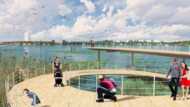 Rendering of waterfront boardwalk with marshland surrounding in Middle Branch