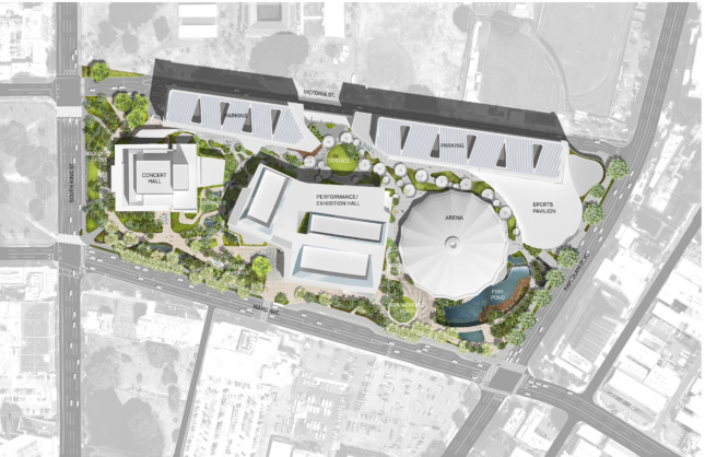 An aerial site plan depicting a round arena, a sports hall, concert venue, and performance space