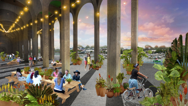 Rendering of people sitting on picnic tables underneath viaduct with lighting hanging from the infrastructure
