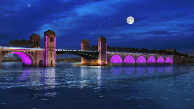Rendering of old bridge lit up underneath with purple light