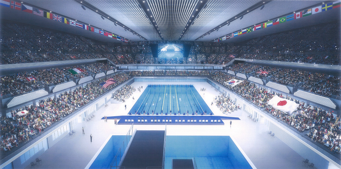 Interior rendering of swimming complex with diving pool and swimming pool, in preparation for the Tokyo 2020 Summer Olympics