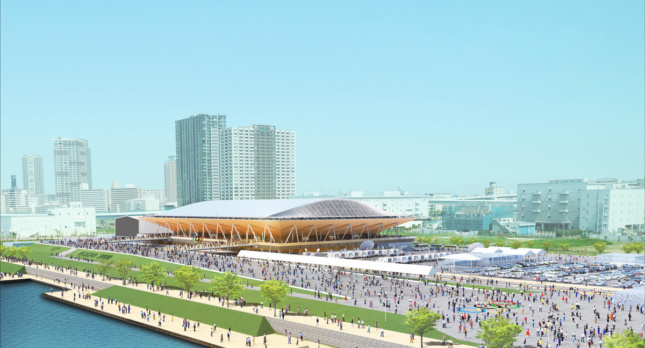 Exterior Rendering of people surrounding plaza and promenade surrounding low-hanging stadium with crisscross poles on facade