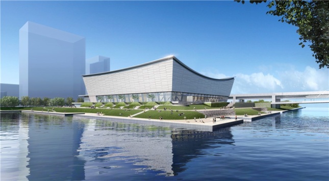 Exterior rendering of silver building with inverted roof on parkland surrounded by water