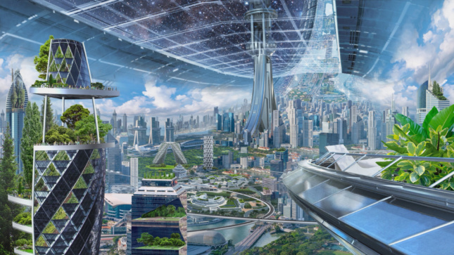 Rendering of a megacity, complete with popular existing towers, inside of a torus in outer space